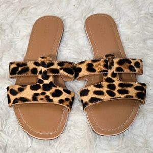 J Crew Leopard Animal Print Beachside Slide Sandals Brown Calfhair